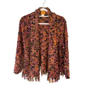 Ruby Rd. Vibrant Multicolour Chunky Knit Cardigan Size L Cozy Boho Artsy Fringe